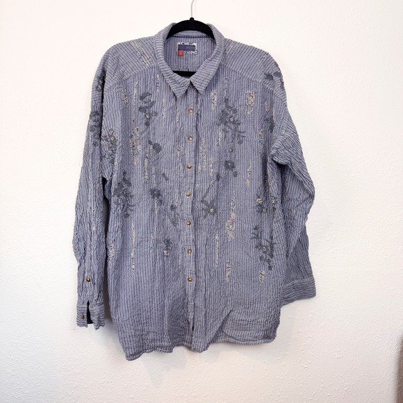 Pilcro Tops - Pilcro Anthropologie Blue White Striped Embroidered Beaded Button Down Shirt XL